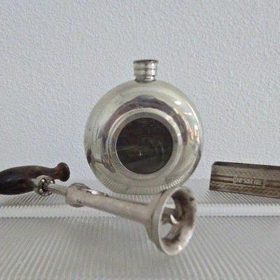 Antique Corkscrew/Hip Flask/Monogrammed Napkin Ring