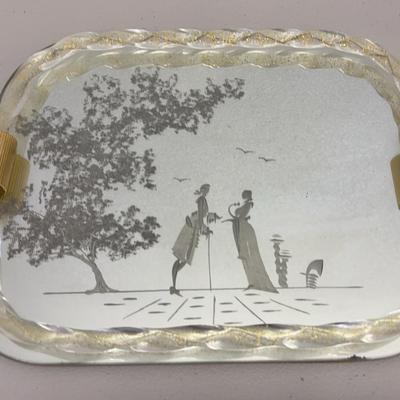 Vintage Murano, Venetian Mirror Tray, Etched Romantic Artwork, Gilt Handle