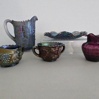 Dark Carnival Glass and Small Amythest Pitcher 