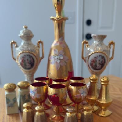 Czech Bohemian Cranberry & Gold Decanter Set