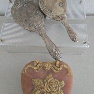 Vintage Silver Plated Mirror & Brush Set/Pink Incolay Heart Box
