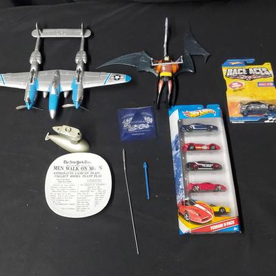ECLECTIC ASSORTMENT OF MINIATURE PLANES, BATMAN,  AND CARS PLUS ONE MOON MEMORABILIA 