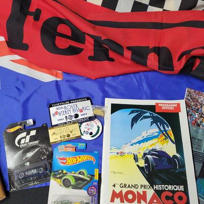 MYSTERY LOT OF AUTO RACING FLAGS, MAGAZINES, PRESS TICKETS, PATCHES AND MORE 