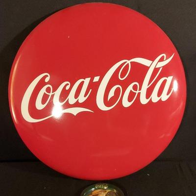 VINTAGE COCA-COLA BUTTON METAL SIGN & COCA-COLA COASTER