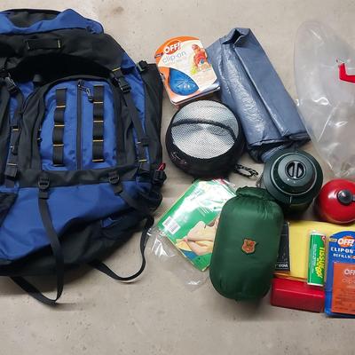 BACKPACK AND ASSORTED CAMPING ACCESSORIES 