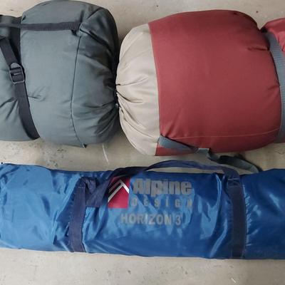 CAMPING EQUIPMENT- ALPINE DESIGNS HORIZONS 3 TENT & 2 SLEEPING BAGS