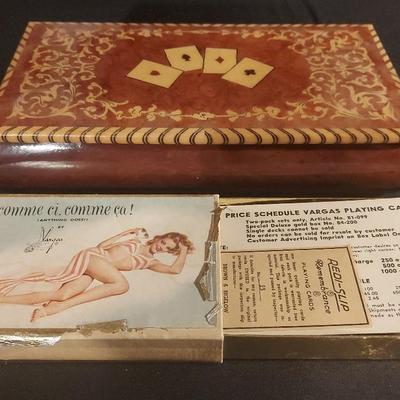 INLAID WOODEN PLAYING CARD BOX & VINTAGE 1940s VARGAS PLAYING CARDS