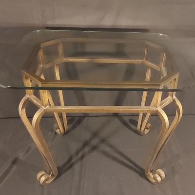 PAIR OF GOLD-COLORED METAL SIDE TABLE WITH GLASS TOP