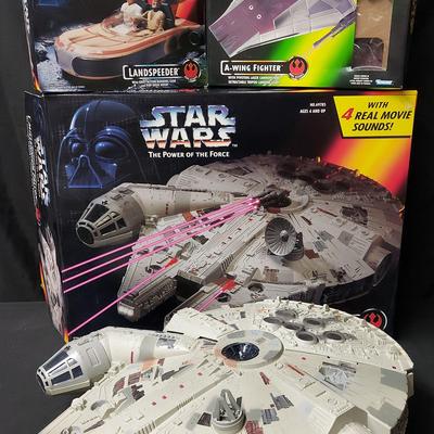 THREE STAR WARS THE POWER OF THE FORCE FAMOUS SHIPS: A-WING FIGHTER, LANDSPEEDER, MILLENNIUM FALCON