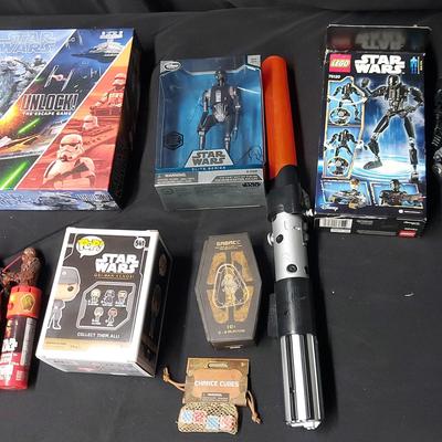 ASSORTED STAR WARS FIGURINES, SOAP, LIGHT SABER, REAL SOUND TALKERS & GAMES 