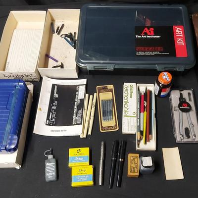 VINTAGE AND CONTEMPORARY ART SUPPLIES - PENS, EASEL, ART BIN