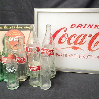 COCA-COLA BOTTLE COLLECTION AND LIGHT UP SIGN