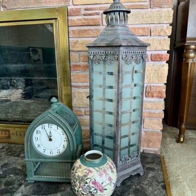 Eclectic Home Decor Trio – Lantern, Mantel Clock & Floral Ceramic Vase	