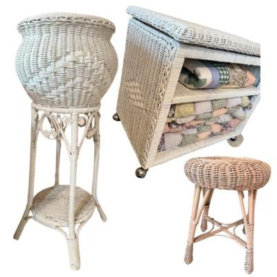 Chic Wicker Collection – White & Pink Plant Stands & Rolling Storage	