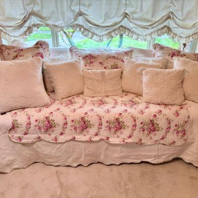 Vintage White Metal Daybed w/ Pink Vintage Mattress, UGG Pillow +	