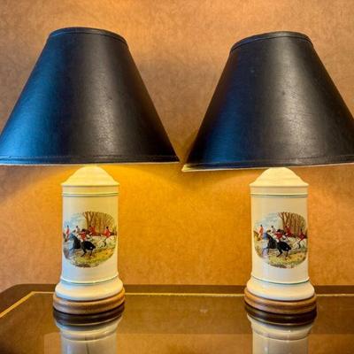 Pair of Vintage Ceramic Hunting Lamps w/ Leather-Like Shades	