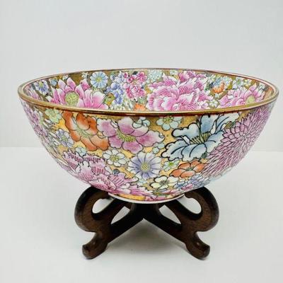 Chinese Enameled Thousand Flower Porcelain Bowl on Carved Wood Stand	