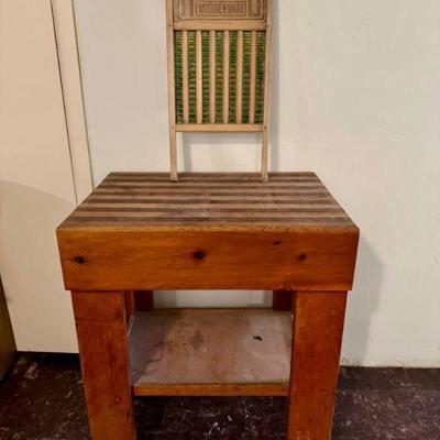 Solid Wood Butcher Block Table + Vintage Howard Wooden Ware Washboard	