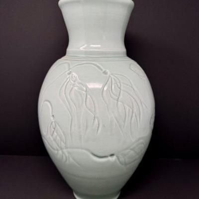 Celadon Glazed Pottery Vase w/ Carved Fish Design – Signed by Artist	