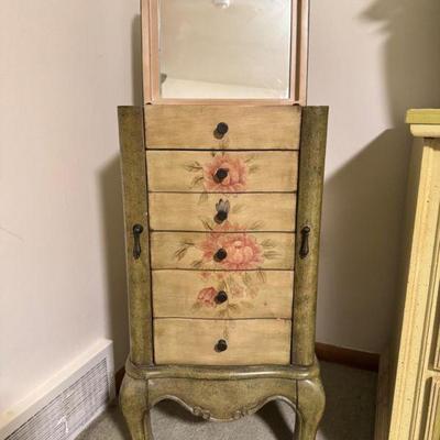 Floral Hand-Painted Wooden Jewelry Armoire w/ Mirror & Ring Storage	