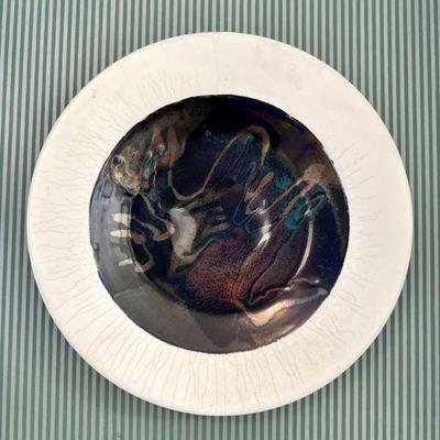 Large Dark Blue & White Abstract Wall Plate – Iridescent Center Glaze	