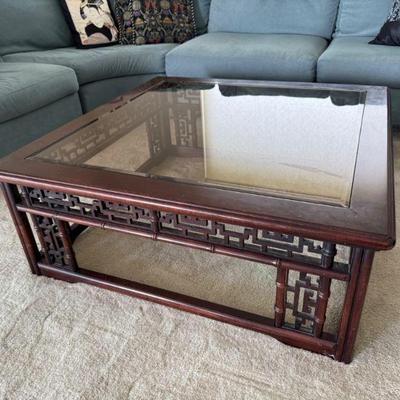 Asian-Style Faux Bamboo Coffee Table w/ Rectangular Glass Top	
