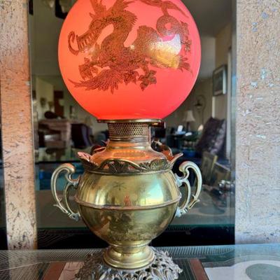 Antique-Style Pink Dragon Globe Lamp w/ Ornate Dual Handle Metal Base	