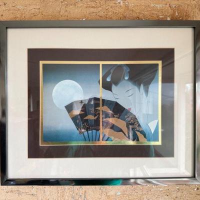 Professionally Framed Japanese Geisha Art Print - Moon & Fan Design	