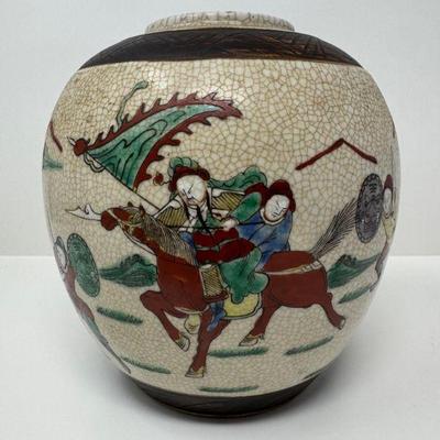 Hand-Painted Chinese Crackle Glaze Jar - Warrior Equestrian Scene	
