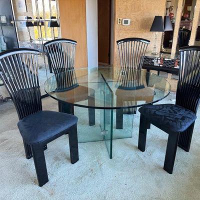 Vintage Round Glass Dining Table w/ 5 Italian-Inspired Fan-Back Chairs	