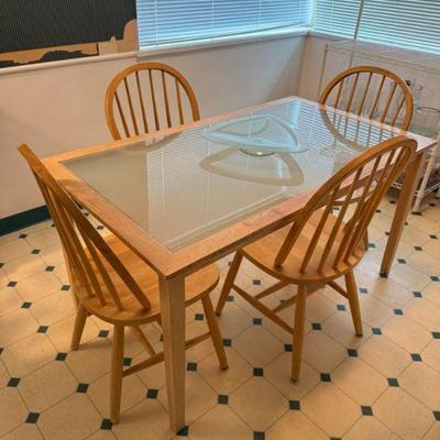 Glass Dining Table w/ 4 Spindle-Back Chairs & Semi-Translucent Bowl	