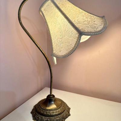 Antique Brass Gooseneck Table Lamp w/ Victorian-Style Fabric Shade	