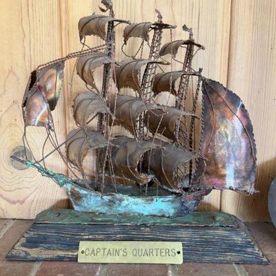 Rustic Metal Sailing Ship Sculpture w/ 'Captain's Quarters' Plaque	