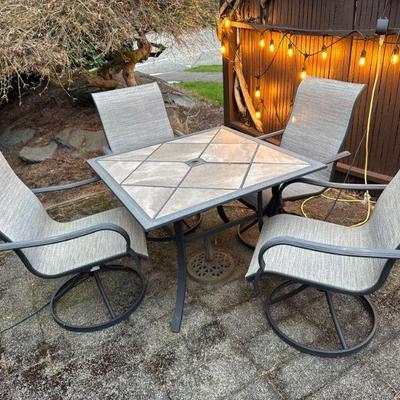 Outdoor Tile-Top Patio Table & 4 Swivel High Back Textilene Chairs Set	