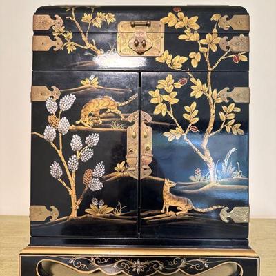 Asian Lacquered Jewelry Cabinet w/ Detailed Nature & Animal Motifs	
