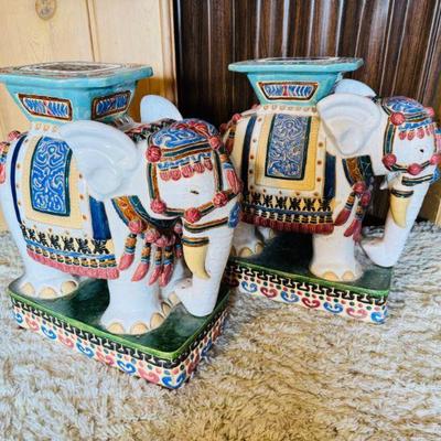 Pair of Vintage Ceramic Elephant Garden Stools - Boho Decor	