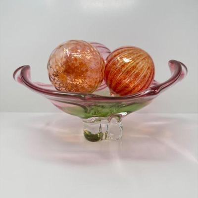 Murano Style Art Glass Bowl w/ 3 Hand-Blown Swirled Glass Orbs	