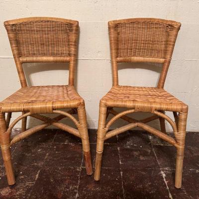 Pair of Petite Rattan Chairs, Classic Woven Design, Light Brown Finish	