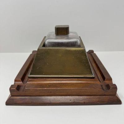 Brass Inkwell w/ Glass Insert & Wooden Base	