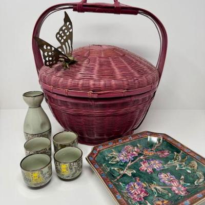 Vintage Woven Basket, Chinese Floral Plate, & Japanese Sake Set	