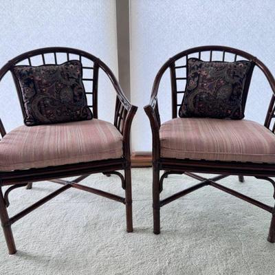 2 Lacquered Bamboo Barrel-Back Chairs – Upholstered Seats w/ Pillows	