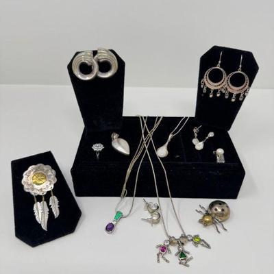 925 Sterling Silver Lot: Gemstone, Pearl, & Artistic Pieces (107.14g)	