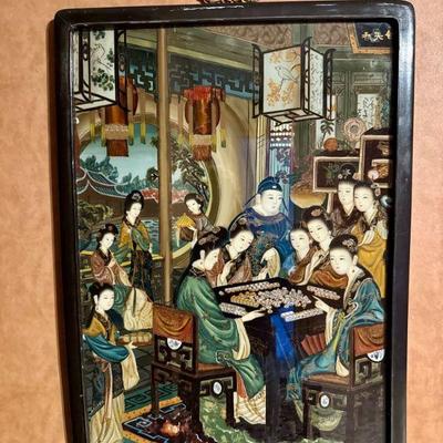 Chinese Reverse Painted Glass Wall Art - Women Playing Mahjong	