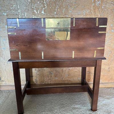 Campaign-Style Brass & Wood Chest on Stand – Trunk Table	