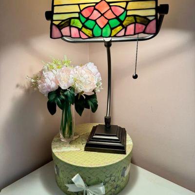 Tiffany-Style Stained Glass Lamp, Hat Box & Faux Floral Arrangement	