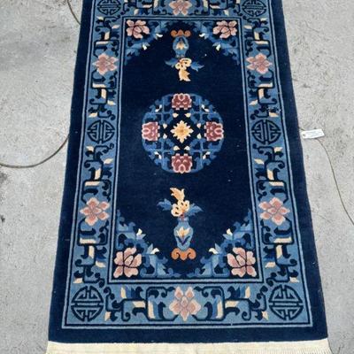 Chinese Art Deco Wool Rug – Navy Blue w/ Floral Medallion	