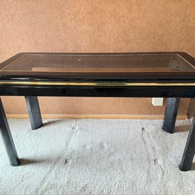 `Vintage Black Lacquer Console Table w/ Glass Top & Gold Inlay	