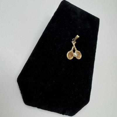 14k Gold Tennis Racquet & Pearl Pendant Charm - Approx. 0.99 Grams	
