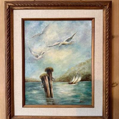 Cora Favro Signed Seascape Painting - Seagulls & Sailboat	