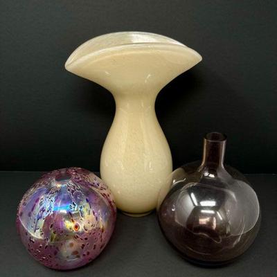 Collection of 3 Art Vases: Cream Sculptural, Smoky Globe & Iridescent	